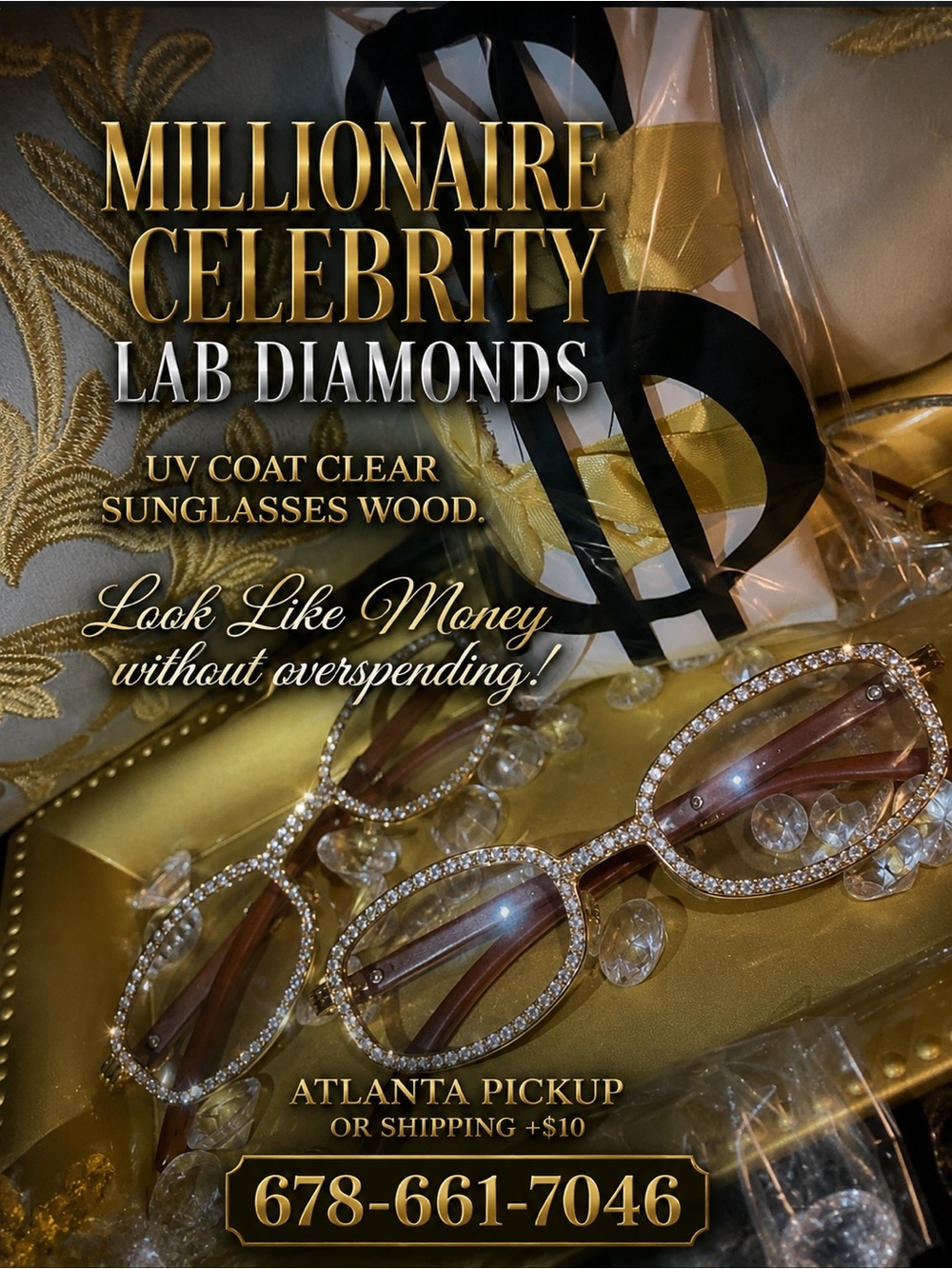 Millionaire Celebrity Lab Stones UV coat clear sunglasses wood.